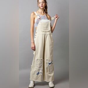 POL Small Cream Patchwork Crochet Jumpsuit